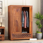 ONIJA  Wooden 2 Door Wardrobe for Clothes with 1 Drawer 1 Shelf Storage & Hanging Space - Sheesham Wood Almirah for Bedroom - Solid Wood Large Cupboard